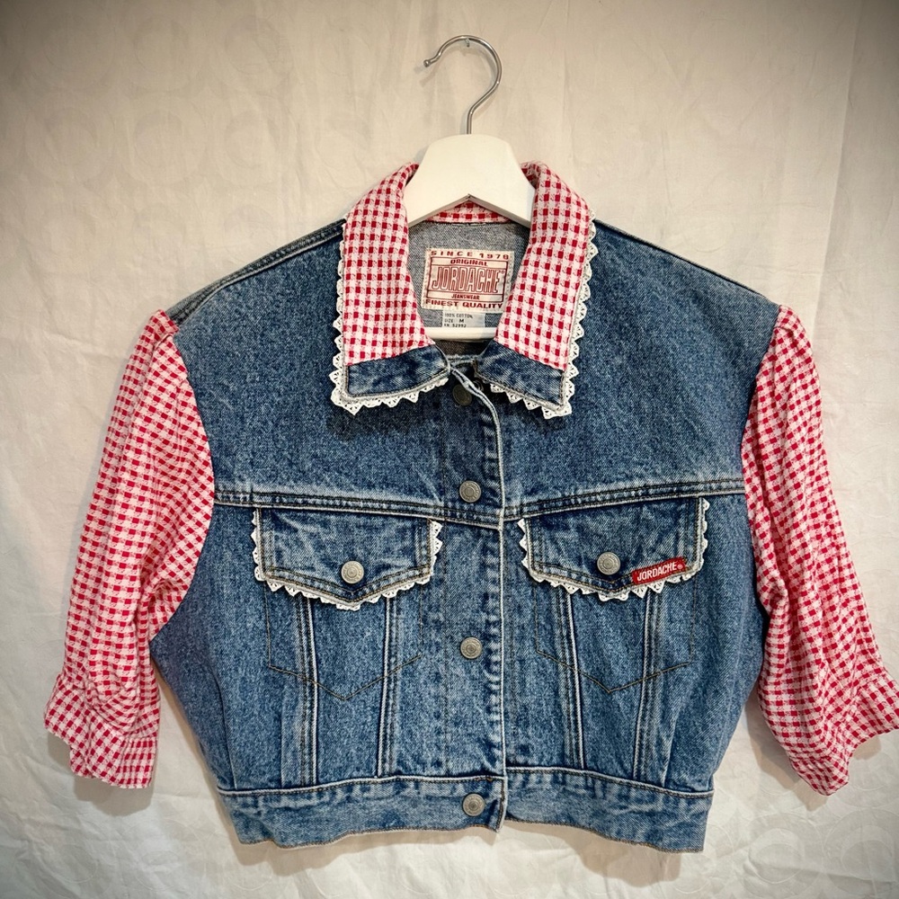 cute denim cropped jacket with plaid sleeves :3